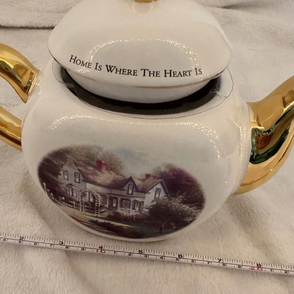 Thomas Kinkade Teapot White New Home Is Where The Heart Is Gold Trim Cottage MCM